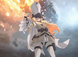  aircraft battlefield_(series) battlefield_1 bird blonde_hair blue_eyes brown_dress commentary commission dirigible dress female girls&#039;_frontline gun hat holding holding_gun holding_wand holding_weapon hummingbird kolibri kolibri_(girls&#039;_frontline) long_hair looking_at_viewer pantyhose parody pixiv_commission pouch solo tab_(tabkun) thigh_pouch torn_clothes torn_pantyhose wand weapon white_hat white_pantyhose 