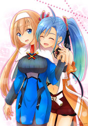  2girls ^_^ az_sainklaus belt blue_eyes blue_jacket breasts capelet closed_eyes gomasho_asuka hair_behind_ear hairband highres holding_hands jacket looking_to_the_side low_twintails medium_breasts medium_hair midriff mitsuba_greyvalley multiple_girls navel off_shoulder orange_jacket red_shorts shorts smile super_robot_wars super_robot_wars_30 twintails white_belt white_capelet white_hairband 