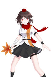  absurdres armband bandages belt black_belt black_skirt black_socks breasts brown_hair buttons female grin hat hauchiwa highres kneehighs miniskirt puffy_short_sleeves puffy_sleeves red_eyes red_hat red_scarf scarf shameimaru_aya shirt short_hair short_sleeves simple_background skirt small_breasts smile socks solo tengu thigh_strap tokin_hat touhou white_background white_shirt zarl_m._kris 