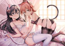  2girls ahoge all_fours animal_ears artist_name ass bare_shoulders bed bell black_bra black_hair black_hairband black_panties black_thighhighs blush bow bow_bra bra breasts brown_eyes brown_hair canopy_bed cat_ears cat_girl cat_tail closed_mouth collar commentary fake_animal_ears frilled_bra frilled_panties frills garter_belt grey_eyes hair_bell hair_between_eyes hair_ornament hairband hairbow heart_o-ring hiroki_(hirokiart) indoors jingle_bell koito_yuu lace lace-trimmed_bra lace-trimmed_legwear lace_trim lingerie long_hair looking_at_viewer lying medium_breasts multiple_girls nanami_touko no_shoes on_back panties pillow pink_bow pink_collar sunlight tail thighhighs underwear underwear_only watermark white_bra white_hairband white_panties white_thighhighs window yagate_kimi_ni_naru yuri 