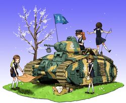  4girls adrian_helmet anyan_(jooho) blonde_hair blue_eyes braid bread brown_hair camouflage caterpillar_tracks char_b1 collared_shirt commentary_request flag food french_text gradient_background grass hat helmet highres holding kepi korean_commentary long_hair medium_skirt military military_hat military_vehicle motor_vehicle multiple_girls on_vehicle open_mouth original outdoors picnic_basket ponytail shirt shoes short_hair short_sleeves sitting skirt smile socks standing tank tree twin_braids yellow_eyes 