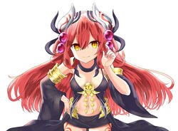  armlet black_dress black_skirt black_sleeves breasts center_opening cleavage collar commentary cowboy_shot detached_sleeves dress duel_monster fake_horns female hair_between_eyes hair_ornament hair_rings hand_on_own_hip hand_up headpiece horns lazupeace leg_tattoo long_hair looking_at_viewer medium_breasts midriff miniskirt navel open_clothes open_dress red_hair sidelocks simple_background skirt smile solo tattoo traptrix_allomerus waistcoat white_background yellow_eyes yu-gi-oh! 