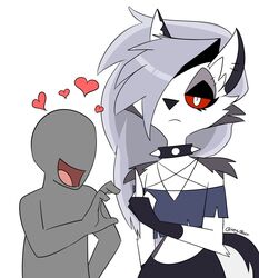  anon artist_name bottomwear canid canid_demon canine clothing collar crop_top demon digital_drawing_(artwork) digital_media_(artwork) duo female fluffy fluffy_tail fur gesture grey_body grey_fur hair hair_over_eye hand_gesture heart_symbol hellhound helluva_boss hi_res human icey_(artist) long_hair long_tail looking_at_viewer loona_(helluva_boss) male mammal meme middle_finger midriff multicolored_body multicolored_fur mythological_canine mythological_creature mythology occult_symbol one_eye_obstructed open_mouth pentagram red_sclera shirt shorts silver_hair simple_background smile spiked_collar spikes symbol tail tongue topwear two_tone_body two_tone_fur watermark white_background white_body white_eyes white_fur 