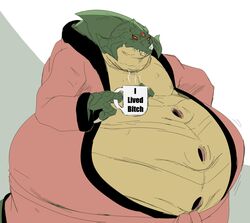  2022 alien anthro bathrobe belly big_belly claws clothing coffee_mug container cup deep_navel english_text fangs green_body green_scales hi_res horn i_lived_bitch_(meme) kraid looking_at_viewer male metroid navel nintendo overweight pink_clothing pink_robe profanity reagan700 red_eyes robe scales scalie slightly_chubby solo teeth text 