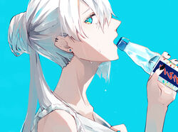  adjusting_clothes aqua_background black_nails bottle commentary_request drinking earrings female grey_hair hair_bun highres holding holding_bottle jewelry long_hair looking_at_viewer nail_polish original ponytail portrait profile ramune shirt simple_background single_hair_bun sleeveless sleeveless_shirt solo stud_earrings sweat white_shirt yagi_(shiro_yagi) 