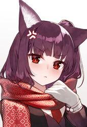  anger_vein animal_ears black_coat blunt_bangs blush closed_mouth coat commentary enpera female fox_ears girls&#039;_frontline gloves hand_up highres hoshi_usagi long_hair looking_at_viewer necktie official_alternate_costume one_side_up print_scarf purple_hair red_eyes red_necktie red_scarf scarf simple_background snowflake_print solo wa2000_(date_in_the_snow)_(girls&#039;_frontline) wa2000_(girls&#039;_frontline) white_background white_gloves 