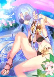  absurdres aikura_chihiro bikini bikini_day black_bikini blue_hair bracelet braid breasts commentary fate/stay_night fate_(series) feet female flower foot_out_of_frame highres jewelry knee_up legs long_hair medea_(fate) navel pointy_ears sandals sitting sunglasses swimsuit toenails toes 