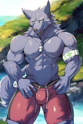  abs anthro black_body black_fur bulge canid canine canis clothing fur grin lifeguard looking_at_viewer male mammal muscular muscular_anthro muscular_male narrowed_eyes pecs smile solo standing swimwear v-line wolf zex 