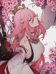  animal_ears arm_up bangs banned_artist bare_shoulders blush breasts cherry_blossoms closed_mouth commentary commentary_request detached_sleeves earrings eyebrows_visible_through_hair eyelashes falling_petals female fox_ears fox_shadow_puppet from_side genshin_impact grin groin hair_between_eyes halter_dress halterneck headgear highres japanese_clothes jewelry large_breasts lips long_hair miko necklace petals pink_eyes pink_hair sideboob sideways_glance simple_background sitting smile solo souike standing tassel thighs tree turtleneck vision_(genshin_impact) white_background wide_sleeves yae_(genshin_impact) 