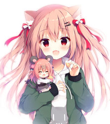  2girls :d ^_^ animal_ear_fluff animal_ears blush bow brown_hair cat_ears cat_hair_ornament cheese chibi closed_eyes collared_shirt commentary_request drawstring dress food green_jacket grey_dress hair_ornament hairbow hairclip holding holding_food hood hood_down hoodie izumiyuhina jacket long_hair long_sleeves looking_at_viewer mini_person minigirl mouse_ears mouse_girl mouse_tail multiple_girls nakano_saki oerba_yun_fang open_clothes open_jacket open_mouth original photoshop_(medium) red_bow red_eyes shirt simple_background sleeveless sleeveless_dress sleeves_past_wrists smile tail two_side_up upper_body very_long_hair white_background white_hoodie white_shirt 