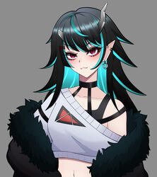  :3 black_hair black_jacket black_tank_top blue_hair blush breasts closed_mouth commentary_request crop_top cropped_sweater demon_girl demon_horns earrings fang_out female fur_jacket grey_background grey_sweater horns jacket jewelry long_hair looking_at_viewer multicolored_hair nanashi_inc. navel oerba_yun_fang off_shoulder official_alternate_costume pendramon pointy_ears red_eyes shishio_chris shishio_chris_(2nd_costume) simple_background single_bare_shoulder small_breasts smile solo sugar_lyric sweater tank_top two-tone_hair upper_body virtual_youtuber 