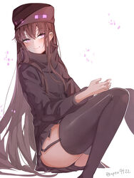  ander_(at2.) ass at2. black_panties black_skirt blush brown_hair closed_mouth commentary_request enderman female garter_straps highres long_hair long_sleeves looking_at_viewer minecraft panties pantyshot pleated_skirt purple_eyes shiny_clothes shiny_legwear sitting skirt smile solo thighhighs twitter_username underwear very_long_hair 