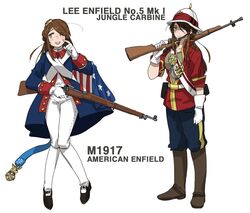  alternate_costume american_flag american_revolution anyan_(jooho) bad_id bad_twitter_id belt belt_buckle bolt_action boots brown_eyes brown_hair buckle cartridge character_name commentary_request english_text eyewear_on_head female full_body girls&#039;_frontline gloves gun helmet highres historical_american_flag holding holding_weapon jacket korean_commentary lee-enfield_(girls&#039;_frontline) long_hair long_sleeves looking_at_viewer m1917_enfield medal monocle multiple_views pants pickelhaube pith_helmet rifle shoes sidelocks simple_background sleeve_cuffs standing sweat united_states_medal_of_honor weapon white_background white_gloves 