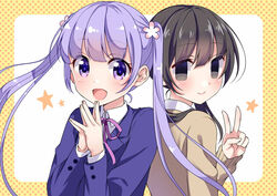  2girls :d black_hair blank_eyes blazer blush brown_cardigan cardigan closed_mouth collared_shirt commentary_request crossover flower formal hair_flower hair_ornament happy ichinose_haruko jacket long_hair looking_at_viewer multiple_girls neck_ribbon new_game! open_mouth own_hands_together pink_ribbon purple_eyes purple_hair purple_jacket ribbon school_uniform shirt smile star_(symbol) suit suzukaze_aoba swap_swap tottoto_tomekichi twintails upper_body v white_shirt 