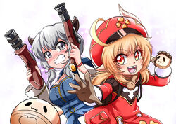  2girls :d ahoge atawatsho backpack bag breasts brown_gloves brown_scarf cabbie_hat camieux cleavage clover_print coat commentary crossover dual_wielding english_commentary genshin_impact gloves gradient_background granblue_fantasy grey_eyes grey_hair gun hair_between_eyes handgun hat highres holding horns jumpy_dumpty klee_(genshin_impact) kuno_misaki light_brown_hair long_hair looking_at_viewer low_twintails multiple_girls open_mouth orange_eyes pointy_ears randoseru red_coat scarf sidelocks simple_background smile tears throwing twintails voice_actor_connection weapon 