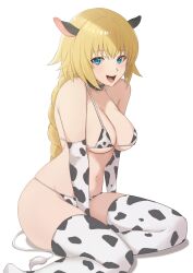  alternate_costume animal_ears animal_print bare_shoulders between_legs bikini blonde_hair blue_eyes blush braid breasts choker cleavage cow_ears cow_girl cow_print cow_print_bikini cow_print_gloves cow_print_thighhighs cow_tail fate/apocrypha fate_(series) female gloves hair_between_eyes hand_between_legs highres jeanne_d&#039;arc_(fate) large_breasts long_braid long_hair looking_at_viewer micro_bikini ogaga666 on_floor open_mouth print_bikini print_gloves print_thighhighs simple_background single_braid sitting smile solo swimsuit tail thighhighs very_long_hair white_background 