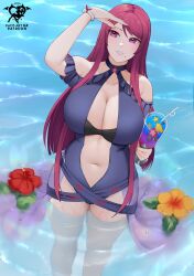  bare_shoulders blue_one-piece_swimsuit breasts casual_one-piece_swimsuit cleavage clothing_cutout dress_swimsuit female fire_emblem fire_emblem_engage fire_emblem_heroes highres huge_breasts ivy_(summer)_(fire_emblem) kaos_art long_hair mole mole_under_mouth navel ocean official_alternate_costume one-piece_swimsuit outdoors partially_submerged purple_eyes purple_hair solo stomach stomach_cutout swimsuit 