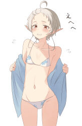  absurdres ahoge alternate_costume bikini blue_bikini blue_jacket blush breasts collarbone commentary_request elf female grin highres jacket looking_at_viewer multicolored_bikini multicolored_clothes mushoku_tensei navel open_clothes open_jacket pointy_ears red_eyes root_(1732050807point) short_hair simple_background small_breasts smile solo standing swimsuit sylphiette_(mushoku_tensei) thighs undressing white_background white_bikini white_hair 