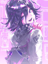  1boy absurdres arm_belt arrow_(symbol) belt bishounen black_scarf blood blood_on_clothes blood_on_face camera checkered_clothes checkered_scarf commentary crest cross-laced_jacket danganronpa_(series) danganronpa_v3:_killing_harmony finger_to_cheek from_behind hair_between_eyes hanaseto highres holding holding_behind_back holding_frame iei jacket long_sleeves looking_at_viewer looking_back male_focus oma_kokichi open_mouth pink_background pink_blood purple_eyes purple_hair purple_theme scarf shaft_look short_hair smile solo teeth two-tone_scarf upper_body upper_teeth_only weibo_watermark white_belt white_jacket white_scarf 