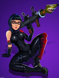  1girls arm_support armband big_breasts black_hair bodysuit boots breasts cleavage elbow_glove female female_only fortnite fully_clothed large_breasts looking_at_viewer mari_(fortnite) purple_background rocket_launcher shadman shadow_ops shoulder_pad sitting solo spread_legs tagme tight_clothing weapon 