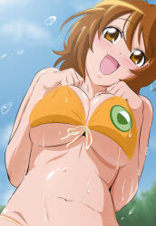  bare_shoulders bikini blue_sky blush breasts brown_hair cleavage female food fuchi_(nightmare) hands_on_own_chest happinesscharge_precure! highres huge_breasts large_breasts mature_female medium_hair onigiri oomori_yuuko open_mouth orange_bikini parted_bangs partially_undressed precure side-tie_bikini_bottom sky solo solo_focus stomach string_bikini sunlight sweat sweatdrop swimsuit upper_body water water_drop 