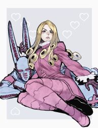  2boys androgynous animal_ears blonde_hair blue_eyes border coat commentary_request dirty_deeds_done_dirt_cheap funny_valentine gloves heart jojo_no_kimyou_na_bouken long_hair lying male_focus multiple_boys on_stomach pink_coat purple_gloves sen_(aypj8447) sitting stand_(jojo) steel_ball_run white_border 