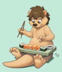  4_fingers anthro biped brown_hair chopsticks digital_media_(artwork) eyebrows fingers food hair holding_chopsticks holding_object male mammal mustelid open_mouth open_smile otter pandapaco procreate_(artwork) smile solo sushi svenfluffotter tail 