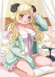  animal_ears ankle_scrunchie between_legs blonde_hair blush breasts calendar_(object) camisole cleavage collarbone curled_horns curtains eyelashes female frilled_jacket frills green_jacket hanamura_pink hand_between_legs hand_to_head hand_up highres hololive hood hood_down hooded_jacket horns jacket long_hair long_sleeves looking_at_viewer low_twintails medium_breasts off_shoulder on_bed open_clothes open_jacket open_mouth pillow pink_ribbon pink_scrunchie purple_eyes ribbon scrunchie sheep_ears sheep_horns sitting sleeves_past_fingers sleeves_past_wrists smile solo swept_bangs tsunomaki_watame tsunomaki_watame_(loungewear) twintails v virtual_youtuber wariza watamate wavy_hair white_camisole 