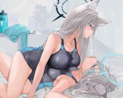  2girls animal_ear_fluff animal_ears asymmetrical_docking black_one-piece_swimsuit blue_archive blue_eyes blue_one-piece_swimsuit blue_scarf blush breast_press breasts collarbone competition_swimsuit cowgirl_position cross_hair_ornament dema_hmw extra_ears grey_hair hair_ornament halo highres large_breasts long_hair lying lying_on_person medium_breasts multiple_girls official_alternate_costume on_back one-piece_swimsuit scarf selfcest shiroko_(blue_archive) shiroko_(swimsuit)_(blue_archive) shiroko_terror_(blue_archive) swimsuit two-tone_swimsuit unworn_scarf wolf_ears yuri 