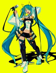  absurdres bare_shoulders belt black_thighhighs blue_eyes blue_hair borcheim commentary cosplay dizzy_(guilty_gear) dizzy_(guilty_gear)_(cosplay) english_commentary female full_body guilty_gear guilty_gear_xrd hair_ribbon hair_rings hatsune_miku highres long_hair looking_at_viewer microphone midriff miku_day open_mouth red_eyes ribbon shadow short_shorts shorts smile solo tail tail_ornament tail_ribbon thighhighs vocaloid wide_sleeves yellow_ribbon 