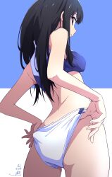  ass black_hair blue_background breasts buruma closed_mouth commentary_request dated female from_behind highres inoue_takina long_hair looking_at_viewer looking_back lycoris_recoil medium_breasts midriff nii_manabu purple_eyes signature solo sports_bikini sports_bra two-tone_background white_background 