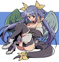  ass asymmetrical_wings bare_shoulders blue_hair blush breasts cleavage detached_sleeves dizzy_(guilty_gear) female guilty_gear guilty_gear_x guilty_gear_xx hair_ribbon itsuka_neru long_hair looking_at_viewer red_eyes ribbon sitting solo tail tail_ornament tail_ribbon thick_thighs thighhighs thighs twintails wings yellow_ribbon 