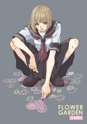  a_killer artist_name black_skirt blonde_hair brown_footwear chalk female heart highres looking_at_viewer medium_hair neckerchief original red_neckerchief school_uniform serafuku short_sleeves skirt slav_squatting socks squatting white_socks 