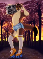  absurd_res anthro boombox bottomwear brown_body brown_fur clothed clothing cutoffs dark_hair denim denim_bottomwear denim_clothing eyewear eyewear_on_head femboy fur hi_res hotpants kirkesan lean_body legwear looking_at_viewer male multicolored_body palm_tree plant raising_leg roller_skates shorts smile smiling_at_viewer smirk smirking_at_viewer solo sunglasses sunglasses_on_head tan_body tan_fur thigh_highs topless topless_male tree two_tone_body 