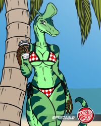  anthro anthrosaurs beach beverage bikini blue_sky bottomwear breasts checkered checkered_bikini checkered_bottomwear checkered_clothing checkered_swimwear checkered_topwear cleavage clothed clothing coffee coffee_cup container countershade_face countershade_neck countershade_tail countershade_torso countershading cup dinosaur green_body hadrosaurid lambeosaurus laura_(raphael) leaning_on_tree markings non-mammal_breasts ornithischian ornithopod palm_tree pattern_bikini pattern_bottomwear pattern_clothing pattern_swimwear pattern_topwear plant predaguy prehistoric_species reptile scalie scu_gang side-tie_bikini sky smile smiling_at_viewer string_bikini striped_body striped_markings striped_tail stripes swimwear tail tail_markings topwear tree two-piece_swimsuit 