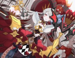  breasts crown dress duel_monster female grey_hair heart highres large_breasts long_hair malice&lt;q&gt;hearts_of_crypter medium_breasts rabbit red_eyes uragawai white_dress yu-gi-oh! 