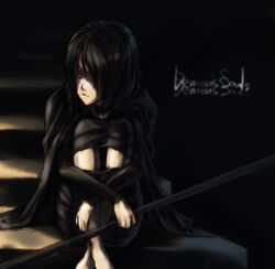  barefoot black_hair cape commentary_request dark demon&#039;s_souls female maiden_in_black makie_fujiyuki short_hair solo 