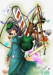  backpack bad_id bad_pixiv_id bag blue_dress chainsaw dress expressionless female flat_cap hat holding kawashiro_nitori long_sleeves looking_at_viewer metalwasabi photoshop_(medium) solo touhou two_side_up 