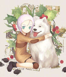  animal animal_hug black_footwear brown_shirt canine closed_mouth explosive female green_eyes grenade hug kino_no_tabi knee_pads long_sleeves looking_at_viewer moai_(aoh) photoshop_(medium) pink_hair riku_(kino_no_tabi) shirt short_hair sitting tea_(kino_no_tabi) wariza 