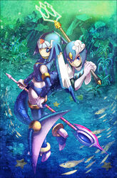  2girls android blue_eyes bodysuit commentary_request crop_top crossover elbow_gloves fairy_leviathan_(mega_man) fish gloves glowing grey_bodysuit helmet mega_man_(classic) mega_man_(series) mega_man_9 mega_man_zero_(series) mermaid monster_girl multiple_girls photoshop_(medium) piggy polearm shoe_soles spear splash_woman trident underwater water weapon 