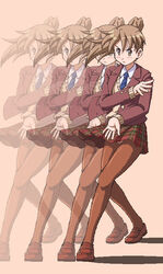  afterimage blazer brown_eyes brown_hair commentary_request female fighting_stance jacket lielos necktie original panties panties_under_pantyhose pantyhose poniko_(lielos) ponytail school_uniform skirt sweater underwear 