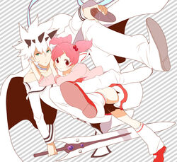  1boy bottle cape commentary_request female final_fantasy final_fantasy_unlimited foreshortening green_eyes hair_bobbles hair_ornament hayakawa_ai mary_janes mekonu_(mknn) partial_commentary pink_eyes pink_hair red_eyes shiroi_kumo shoes simple_background socks sword weapon white_hair 