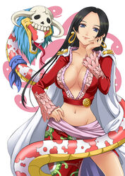  black_hair blue_eyes boa_hancock breasts cape cleavage commentary_request crop_top earrings epaulettes female hand_on_own_hip jewelry large_breasts long_hair navel no_bra one_piece salome_(one_piece) seven_(11) skull snake 