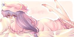  barefoot bespectacled blush commentary_request crescent crescent_hat_ornament feet female glasses hat hat_ornament hugging_object kokono_coco partial_commentary patchouli_knowledge pillow pillow_hug purple_hair solo touhou 