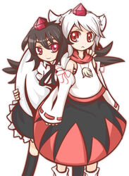  2girls :&lt; animal_ears back-to-back bad_id bad_pixiv_id black_hair detached_sleeves hat inubashiri_momiji looking_at_viewer multiple_girls red_eyes shameimaru_aya sora-amaori tokin_hat touhou white_hair wings wolf_ears 