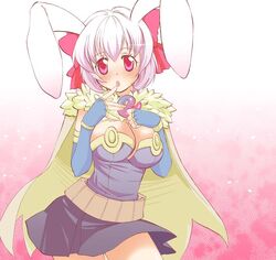  alchemist_(ragnarok_online) animal_ears breast_clinging breasts cape cleavage commentary_request elbow_gloves female fingerless_gloves gloves hair_ribbon large_breasts light_purple_hair photoshop_(medium) pink_eyes rabbit_ears ragnarok_online ribbon short_hair solo tachibana_sakuya_(matsurika) 