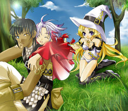  .hack// .hack//ai_buster .hack//link 1boy 2girls albireo_(.hack//) bad_anatomy blonde_hair cloud commentary_request day elf grass hat heterochromia hokuto_(.hack//) k-dama lycoris_(.hack//) multiple_girls nature outdoors pointy_ears sky staff tree witch_hat 