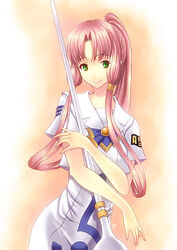  aged_up alternate_hair_length alternate_hairstyle aria_(manga) aria_company_uniform blouse commentary dress female green_eyes hair_over_shoulder hair_tubes high_ponytail long_dress long_hair mizunashi_akari oar photoshop_(medium) pink_hair ponytail sailor_collar shirt short_sleeves sidelocks solo thai_text un4lord uniform very_long_hair white_dress white_shirt 