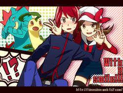  !? 1boy :d abe_(f!mixture) alternate_costume bad_id bad_pixiv_id bayleef blush brown_eyes brown_hair english_text female feraligatr hat hat_ribbon lyra_(pokemon) open_mouth pokemon pokemon_(creature) pokemon_hgss red_eyes red_hair red_ribbon ribbon silver_(pokemon) smile watermark web_address 