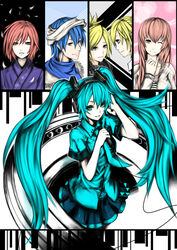  2boys 4girls aku_no_musume_(vocaloid) aqua_eyes aqua_hair bad_id bad_pixiv_id blonde_hair blue_hair blue_scarf brown_hair commentary evillious_nendaiki hatsune_miku just_be_friends_(vocaloid) kagamine_len kagamine_rin kaito_(vocaloid) koi_wa_sensou_(vocaloid) long_hair megurine_luka meiko_(vocaloid) microphone multiple_boys multiple_girls necktie pane_dhiria_(vocaloid) pink_eyes pink_hair scarf short_hair skirt twintails very_long_hair vocaloid zias 